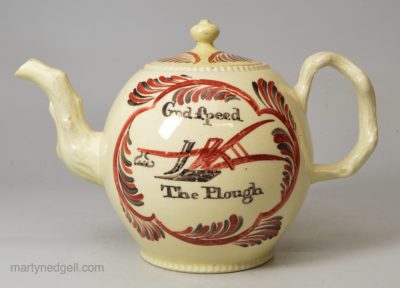 Creamware pottery teapot 'God Speed The Plough', circa 1770