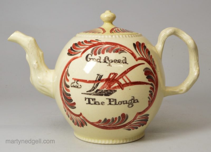 Creamware pottery teapot 'God Speed The Plough', circa 1770