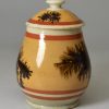 Mocha ware pearlware pottery mustard pot decorated with dendritic markings on mustard slip, circa 1830