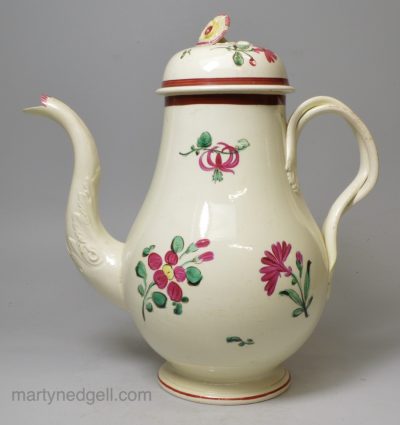 Creamware pottery coffee pot decorated with overglaze floral enamels, circa 1780 possibly Leeds Pottery