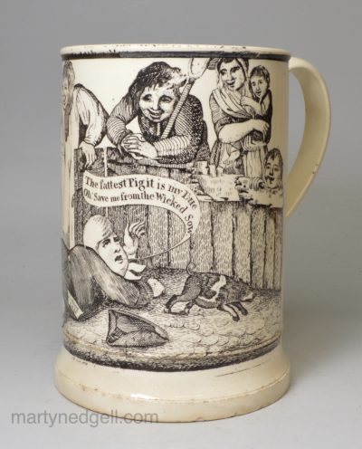 Creamware pottery mug 'TYTHE IN KIND or THE SOW'S REVENGE', circa 1790