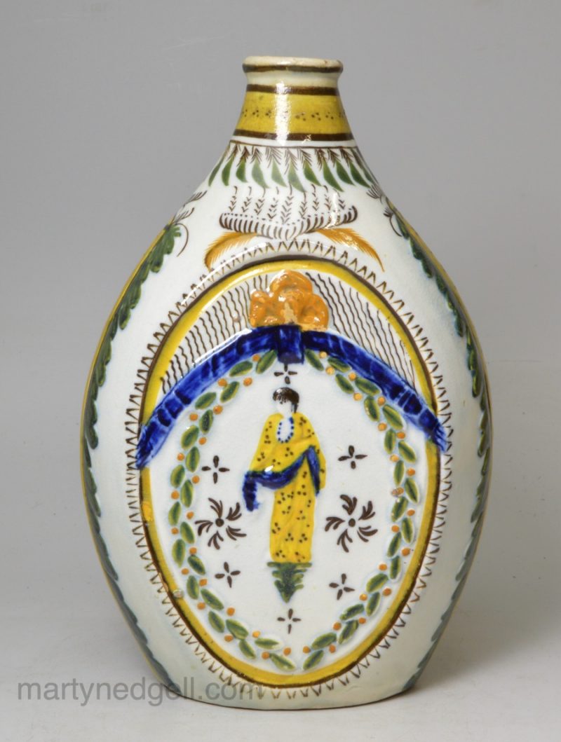 Prattware pottery spirit flask, circa 1820