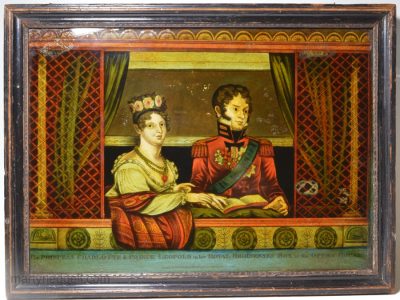 Reverse print on glass of Princess Charlotte and Prince Leopold at the Opera House, circa 1815