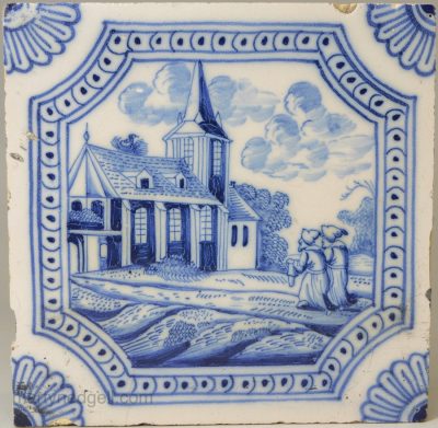 Dutch Delft tile decorated with two monks approaching a church with a bird nesting on the roof, circa 1750