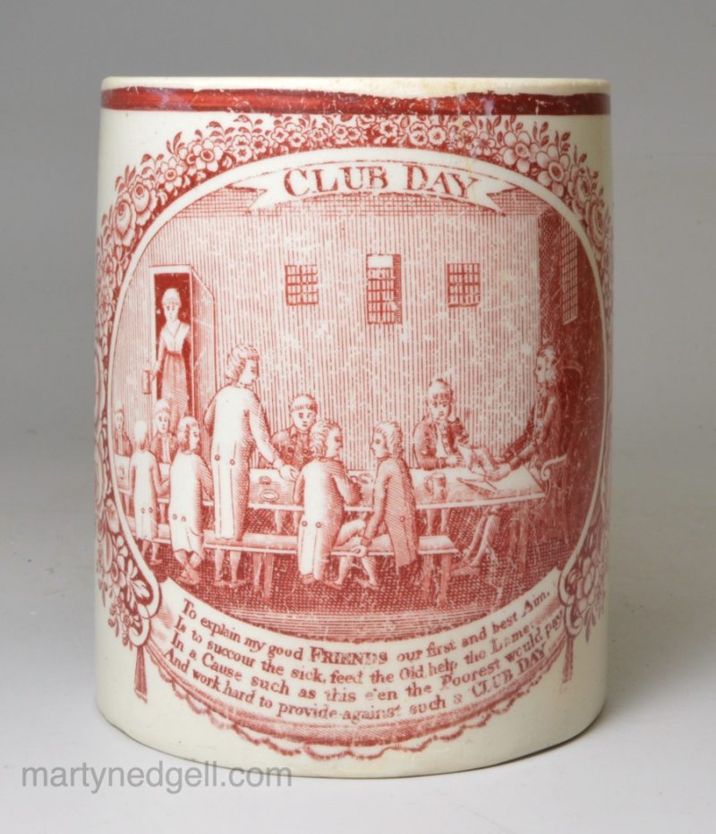 Pearlware pottery mug decorated with a red print 'CLUB DAY', circa 1800
