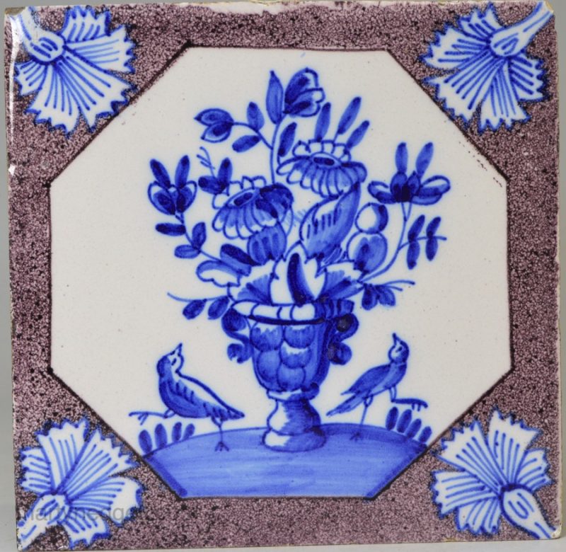 London delft tile decorated in blue and powder manganese, circa 1740