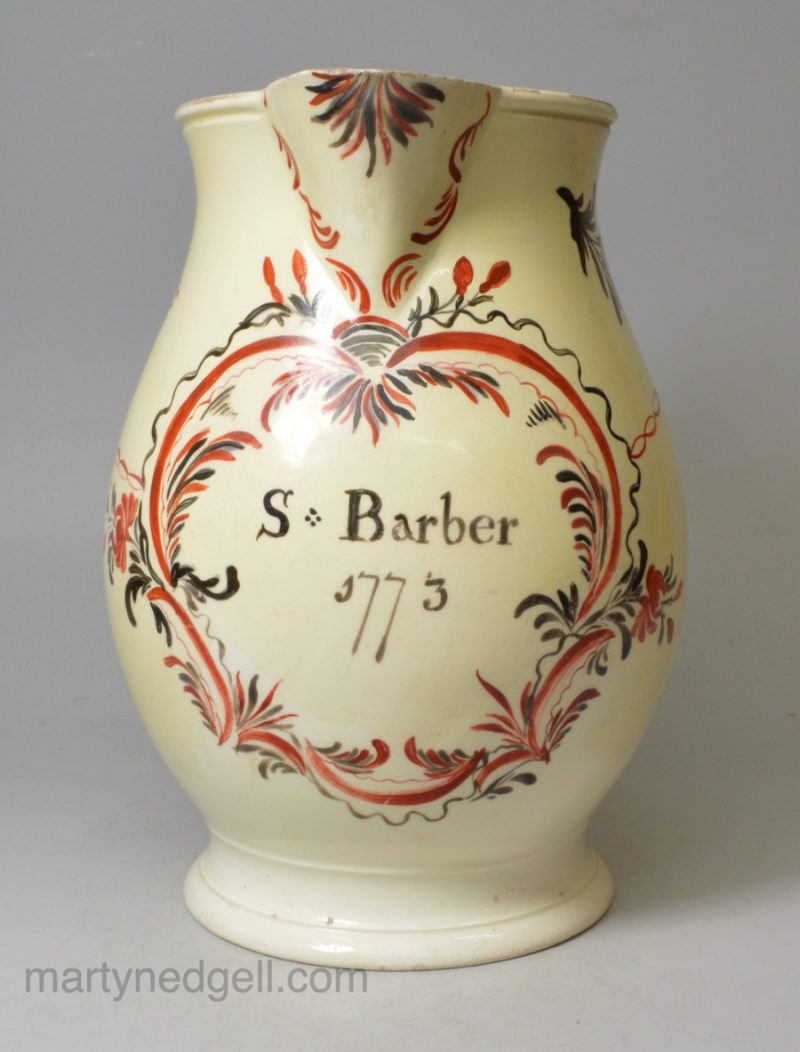 Creamware pottery teapot 'S. Barber 1773', probably Leeds Pottery