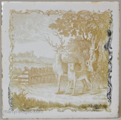 Liverpool Delft tile decorated with a Sadler Aesop's Fable tile 'The Stag and the Fawn', circa 1770