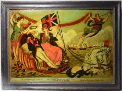 Reverse print on glass of 'BRITANNIA bringing her DEAD HERO to BRITANNIA'S SHORE', circa 1806