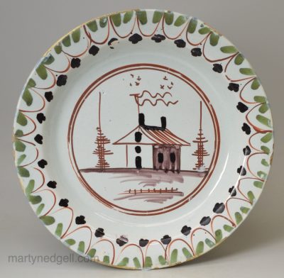 London delft polychrome pancake plate, circa 1740