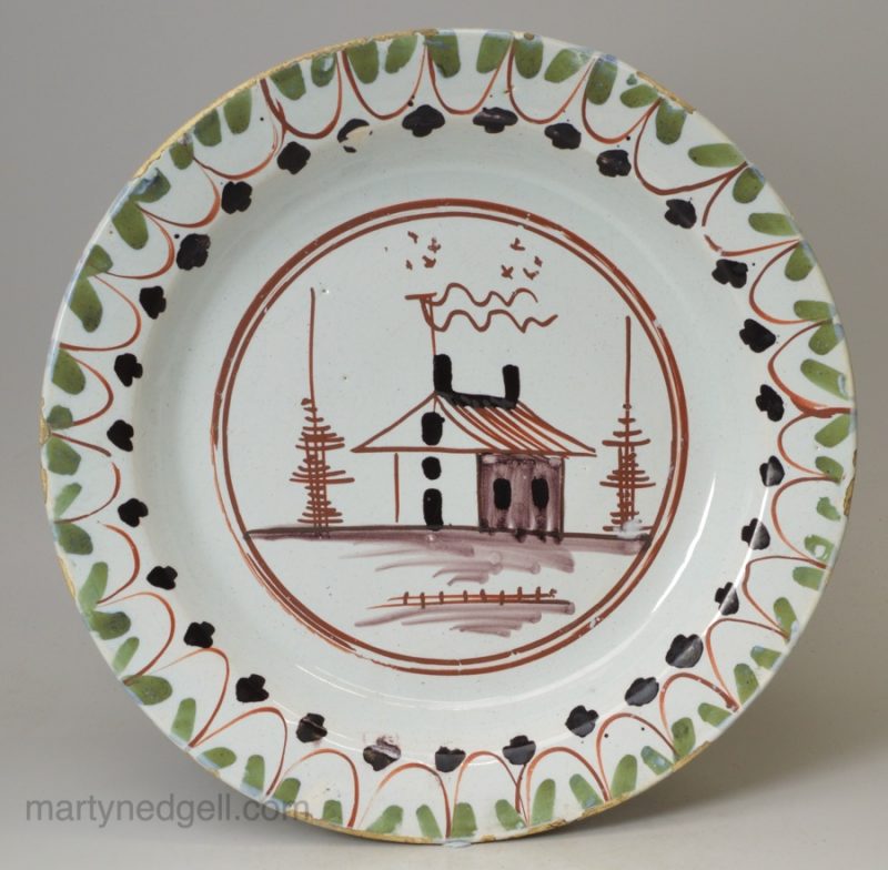 London delft polychrome pancake plate, circa 1740