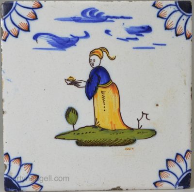 Liverpool delft polychrome tile decorated with Chinese figures, circa 1760