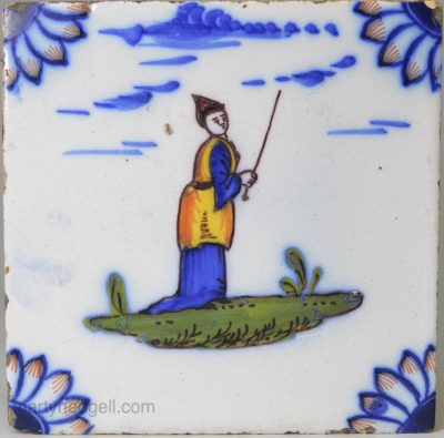 Liverpool delft polychrome tile decorated with Chinese figures, circa 1760