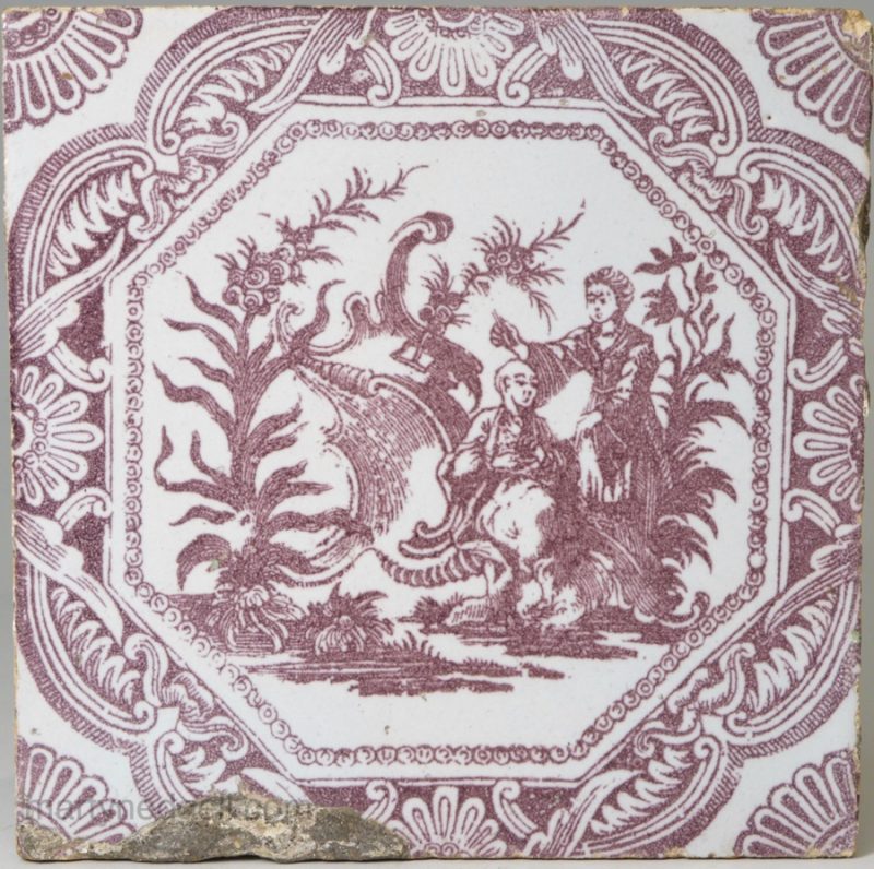 Liverpool Delft tile decorated with a Sadler wood block print, circa 1756-7