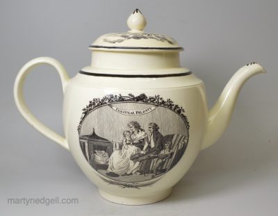 Creamware pottery punch pot decorated with prints 'CONJUGAL FELICITY' and 'GRETNA GREEN or RED-HOT MARRIAGE', circa 1790