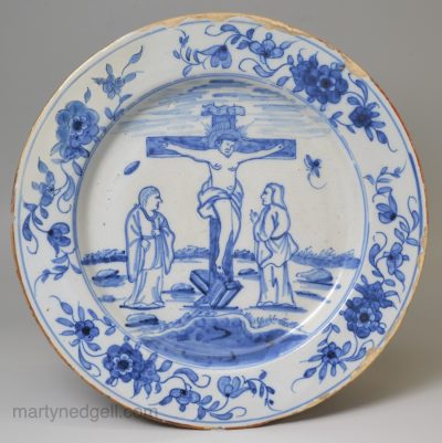 Liverpool delft marriage plate painted with the crucifixion and dated 1749