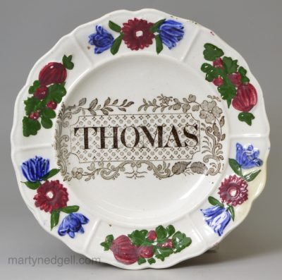 Pearlware pottery child's plate 'THOMAS', circa 1830 John Rogers & Son Pottery Staffordshire