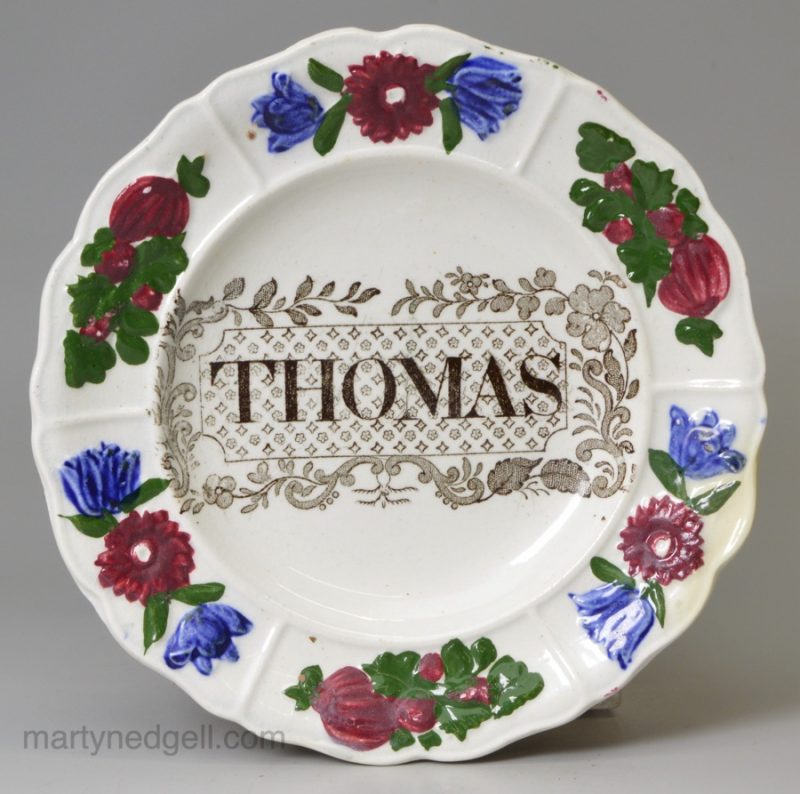 Pearlware pottery child's plate 'THOMAS', circa 1830 John Rogers & Son Pottery Staffordshire