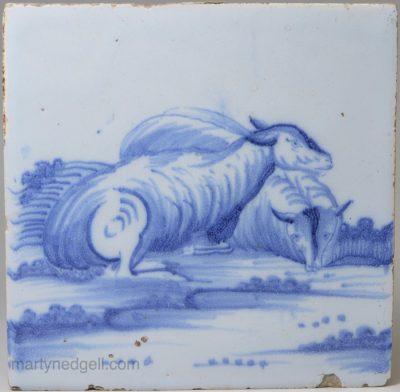 Liverpool delft tile, circa 1750, design copied from a book of etchings by Nicolaes Berchen 1620-83