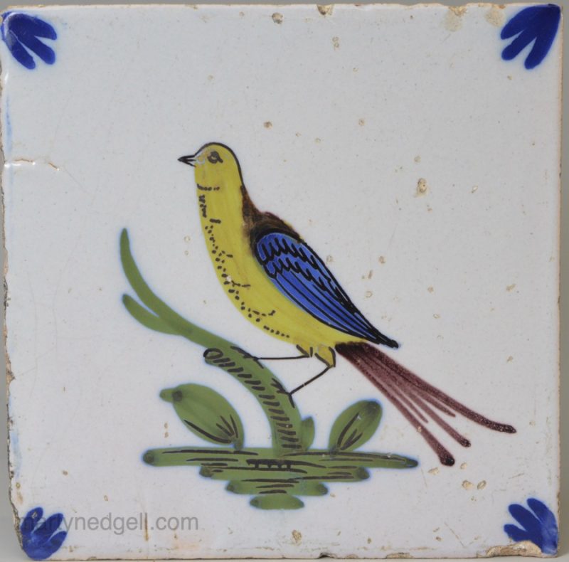 Liverpool delft Fazacerly bird tile, circa 1750