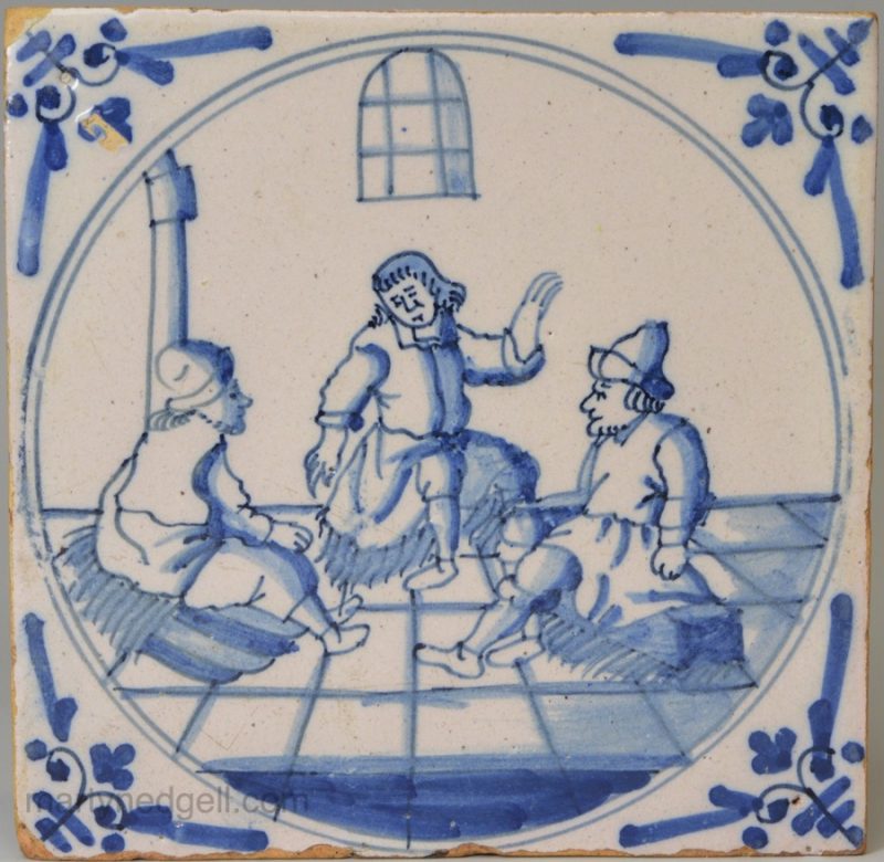 London delft biblical tile, Joseph interrelates the dreams of a butler and baker, circa 1740