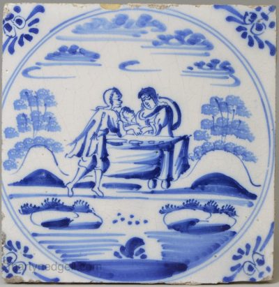 Dutch Delft biblical tile, Judith with the head of Holofernes, circa 1750