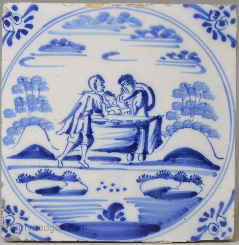 Dutch Delft biblical tile, Judith with the head of Holofernes, circa 1750