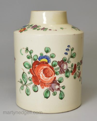 Creamware pottery tea canister decorated with overglaze enamels, circa 1780