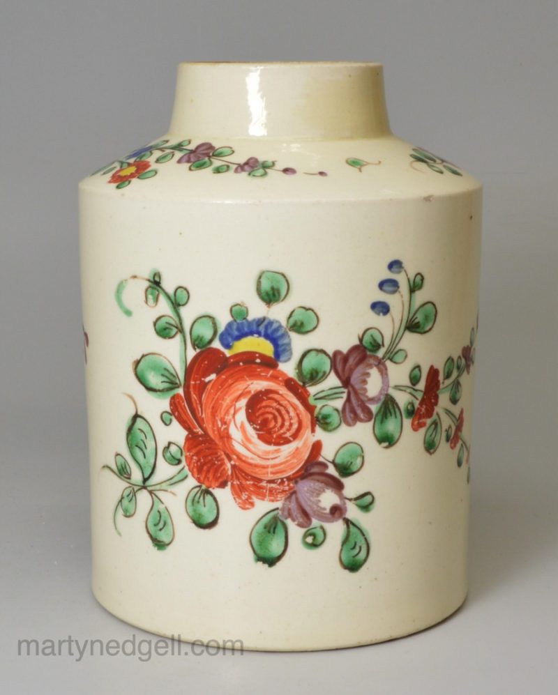 Creamware pottery tea canister decorated with overglaze enamels, circa 1780