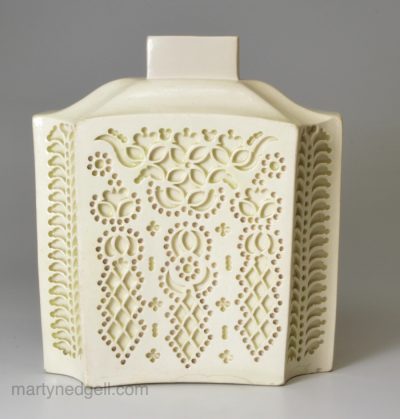 Creamware pottery reticulated tea canister dated 1771