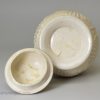 Staffordshire white saltglaze stoneware pectin shell moulded jug and cover, circa 1760