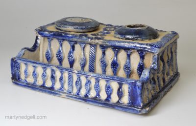Westerwald salt glaze stoneware desk inkwell and sander, circa 1720