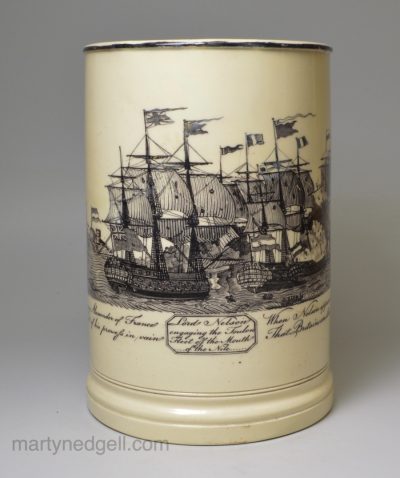 Large creamware pottery frog mug decorated with a print of Nelson' Battle of the Nile, circa 1798, probably North East Pottery