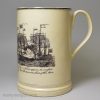 Large creamware pottery frog mug decorated with a print of Nelson' Battle of the Nile, circa 1798, probably North East Pottery