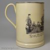 Large creamware pottery frog mug decorated with a print of Nelson' Battle of the Nile, circa 1798, probably North East Pottery