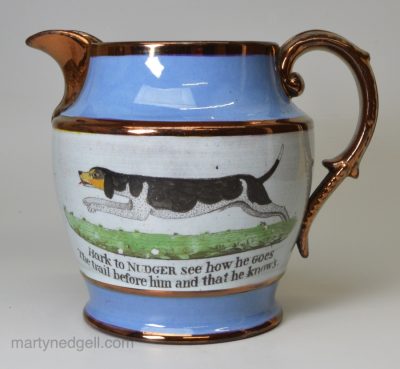 Copper lustre jug 'Hark to NUDGER', circa 1825