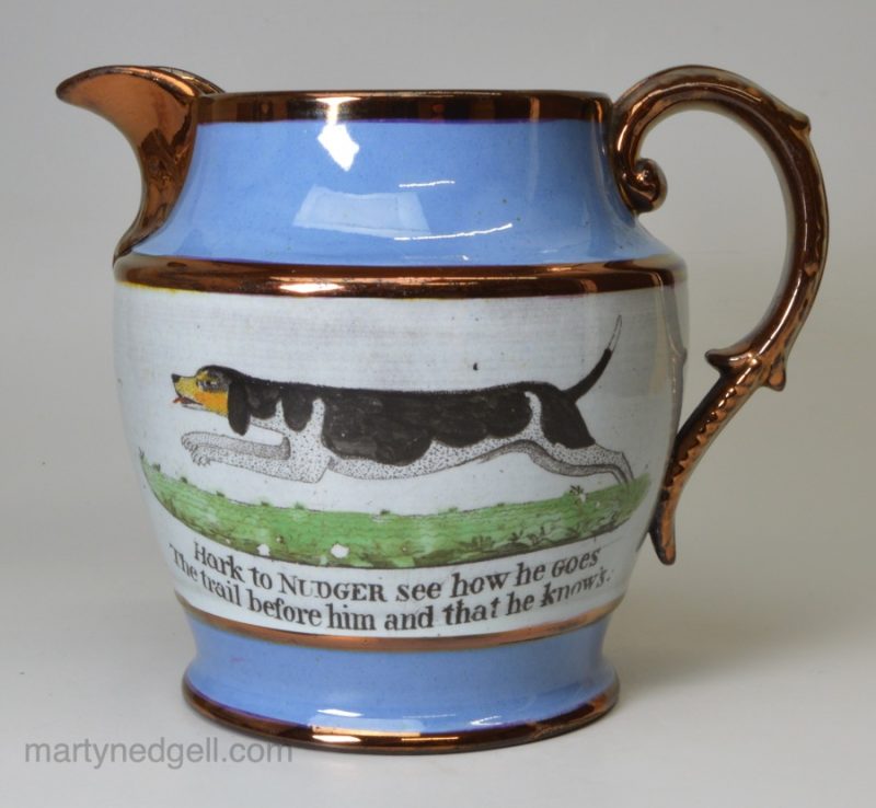 Copper lustre jug 'Hark to NUDGER', circa 1825