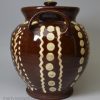 Mrs. Muir's redware slip decorated storage jar and cover dated 1849, Scottish