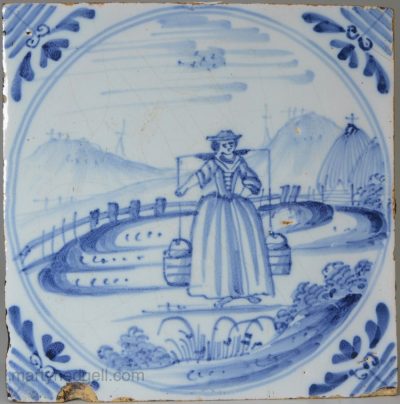 London delft tile painted with a milkmaid, circa 1750