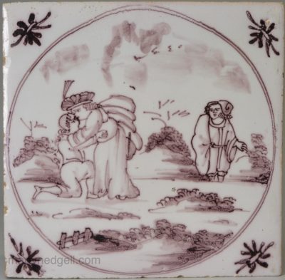 Bristol delft biblical tile, Return of the prodigal son, circa 1750