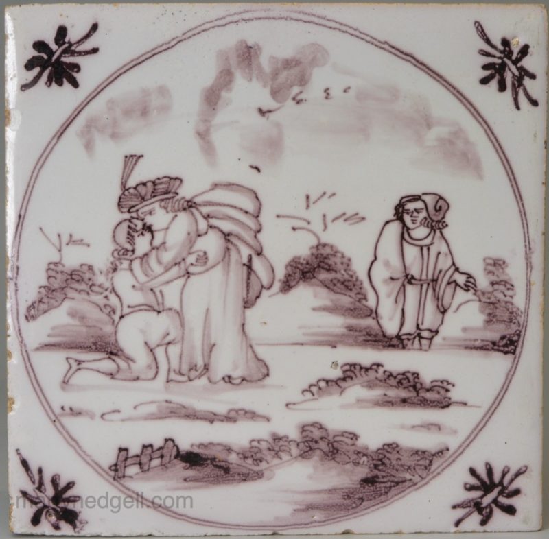 Bristol delft biblical tile, Return of the prodigal son, circa 1750