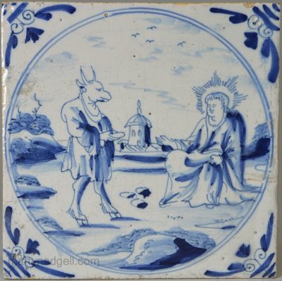 London delft biblical tile, the Temptation in the wilderness, circa 1750