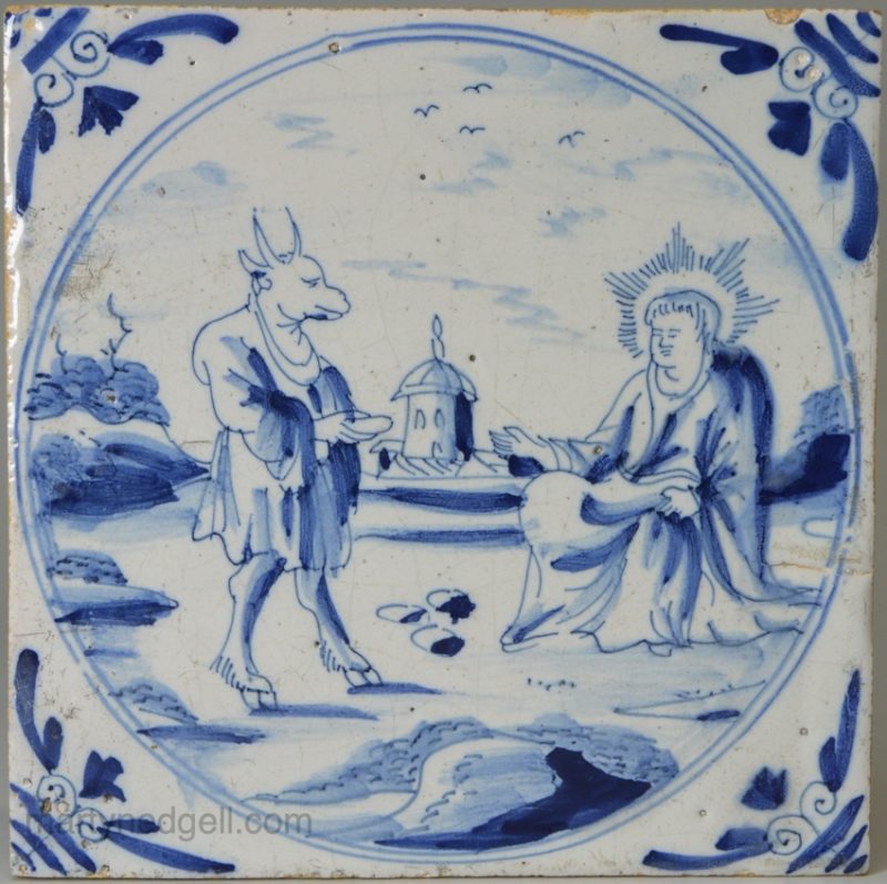 London delft biblical tile, the Temptation in the wilderness, circa 1750