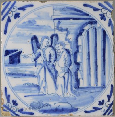 London delft biblical tile, St. Peter escapes from prison, circa 1750