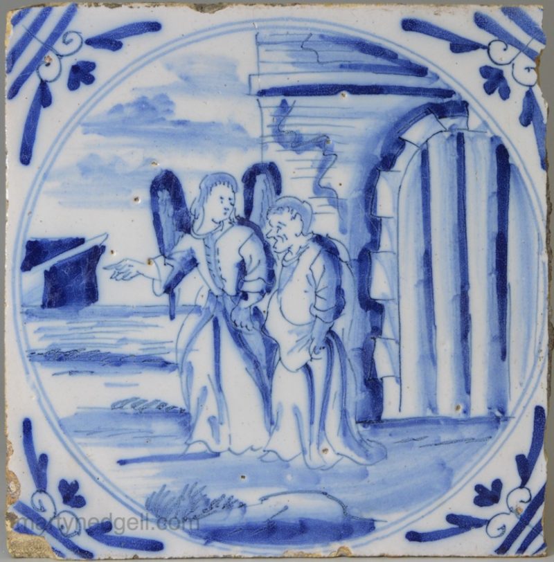 London delft biblical tile, St. Peter escapes from prison, circa 1750