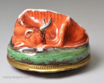 South Staffordshire enamel bonbonniére moulded as a cow, circa 1770
