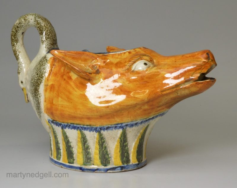 Prattware pottery fox and goose sauce boat, circa 1800