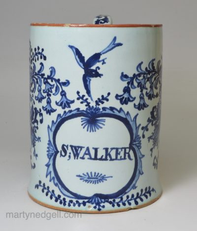 London delft mug 'S;WALKER', with a glass bottom, circa 1760