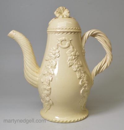 Creamware pottery coffee pot, circa 1770, possibly Cockpit Hill Pottery