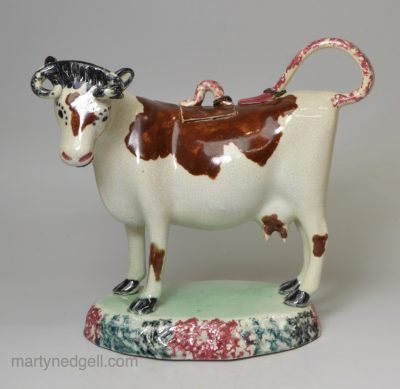 Yorkshire type pearlware pottery cow creamer, circa 1820